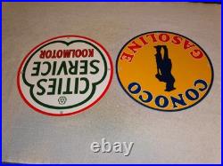 Vintage Conoco Gasoline Minuteman +cities Service Koolmotor Porcelain Metal Sign