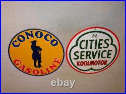 Vintage Conoco Gasoline Minuteman +cities Service Koolmotor Porcelain Metal Sign