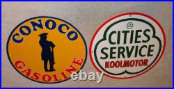 Vintage Conoco Gasoline Minuteman +cities Service Koolmotor Porcelain Metal Sign