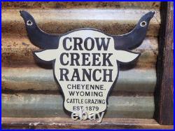 Vintage Crow Creek Ranch Porcelain Sign Old Cattle Grazing Cow Steer Wyoming