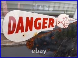 Vintage Danger Pointing Hand Arm Porcelain Metal Sign Auto Parts Gas Oil Motor