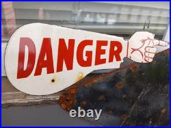 Vintage Danger Pointing Hand Arm Porcelain Metal Sign Auto Parts Gas Oil Motor