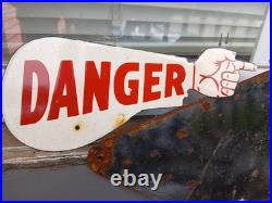 Vintage Danger Pointing Hand Arm Porcelain Metal Sign Auto Parts Gas Oil Motor
