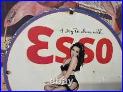 Vintage Dated 1969 Esso Gasoline Motor Oil Porcelain Gas Station Pump Metal Sign