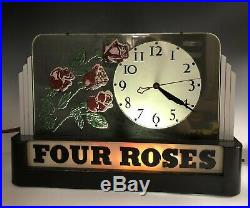 Vintage Deco Four Roses Whiskey Sign Advertising Glass Metal Lighted Clock SMS