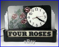 Vintage Deco Four Roses Whiskey Sign Advertising Glass Metal Lighted Clock SMS