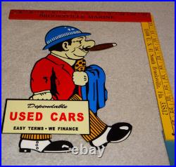Vintage Dependable Ok Used Cars Salesman Cigar 1' Enamel Metal Gasoline Oil Sign