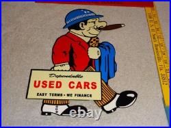 Vintage Dependable Ok Used Cars Salesman Cigar 1' Enamel Metal Gasoline Oil Sign