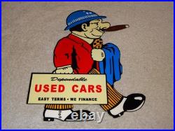 Vintage Dependable Ok Used Cars Salesman Cigar 1' Enamel Metal Gasoline Oil Sign