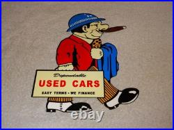 Vintage Dependable Ok Used Cars Salesman Cigar 1' Enamel Metal Gasoline Oil Sign