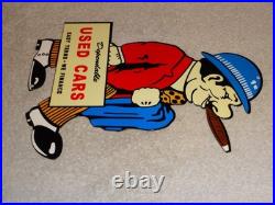 Vintage Dependable Ok Used Cars Salesman Cigar 1' Enamel Metal Gasoline Oil Sign