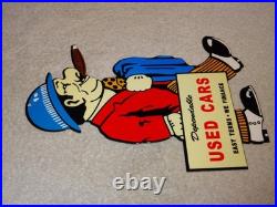Vintage Dependable Ok Used Cars Salesman Cigar 1' Enamel Metal Gasoline Oil Sign