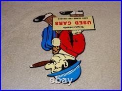 Vintage Dependable Ok Used Cars Salesman Cigar 1' Enamel Metal Gasoline Oil Sign