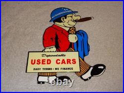 Vintage Dependable Ok Used Cars Salesman Cigar 1' Enamel Metal Gasoline Oil Sign