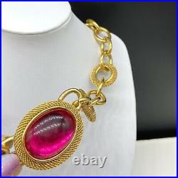 Vintage Designer Signed MONET Gold Tone Chain Link Pink Cabochon Necklace