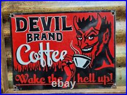 Vintage Devil Brand Coffee Porcelain Sign Rare Old Hot Hell Beverage Cafe Food