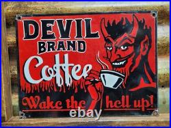 Vintage Devil Brand Coffee Porcelain Sign Rare Old Hot Hell Beverage Cafe Food
