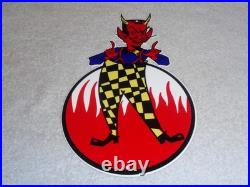 Vintage Devil Smiling + Yellow Suspenders 12 Metal Satan Evil Gasoline Oil Sign