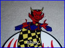 Vintage Devil Smiling + Yellow Suspenders 12 Metal Satan Evil Gasoline Oil Sign