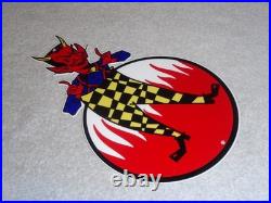 Vintage Devil Smiling + Yellow Suspenders 12 Metal Satan Evil Gasoline Oil Sign