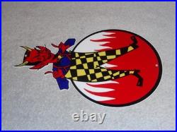 Vintage Devil Smiling + Yellow Suspenders 12 Metal Satan Evil Gasoline Oil Sign