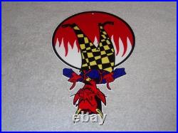 Vintage Devil Smiling + Yellow Suspenders 12 Metal Satan Evil Gasoline Oil Sign