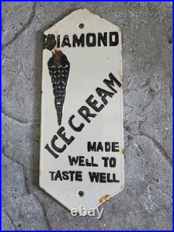 Vintage Diamon Ice Cream Porcelain Door Push Sign Old Dairy Creamery 10×4