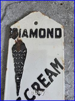 Vintage Diamon Ice Cream Porcelain Door Push Sign Old Dairy Creamery 10×4