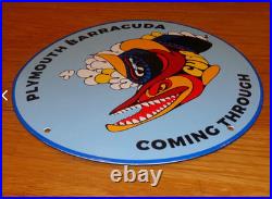 Vintage Dodge Plymouth Barracuda 11 3/4 Porcelain Metal Car Fish Gas & Oil Sign