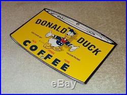 Vintage Donald Duck Coffee Die-cut Can 7 3/4 Porcelain Metal Gasoline Oil Sign