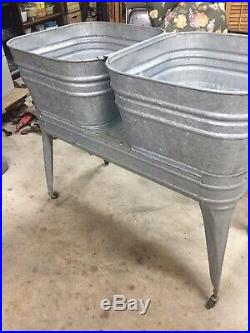 Vintage Double Basin Wash Tub WHEELING stand metal galvanized planter cooler 50s