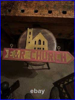 Vintage E & R CHURCH OF CHRIST Metal Advertising SIGN Double Sided