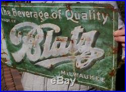 Vintage Early 28X13 Metal Blatz Beer Sign With Bottle Graphic Man Cave Cabin Decor