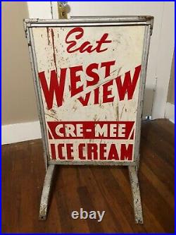 Vintage Eat West View Ice Cream Metal Double Sided Sign In Frame Gas Oil