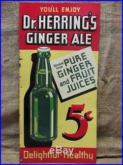 Vintage Embossed Dr Herring's Ginger Ale Metal Sign Antique Old Soda Cola 9135