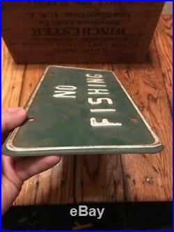 Vintage Embossed No Fishing Sign Metal Tin Hunting Tresspassing Sign Green Pond