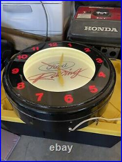 Vintage FORD RACING GLO DIAL STYLE METAL GLASS NEON CLOCK 19 GAS OIL SIGN RARE
