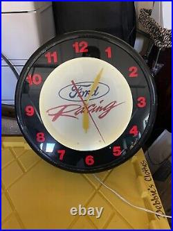 Vintage FORD RACING GLO DIAL STYLE METAL GLASS NEON CLOCK 19 GAS OIL SIGN RARE