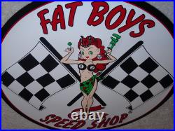 Vintage Fat Boys Speed Shop 11 3/4 Embossed Metal Gasoline Oil Racing Flag Sign