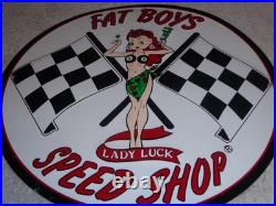 Vintage Fat Boys Speed Shop 11 3/4 Embossed Metal Gasoline Oil Racing Flag Sign