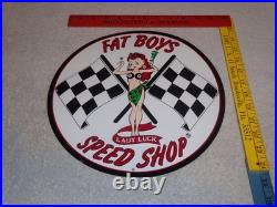 Vintage Fat Boys Speed Shop 11 3/4 Embossed Metal Gasoline Oil Racing Flag Sign