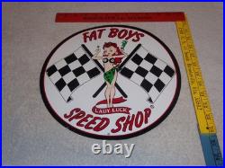 Vintage Fat Boys Speed Shop 11 3/4 Embossed Metal Gasoline Oil Racing Flag Sign
