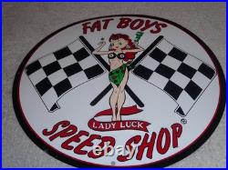 Vintage Fat Boys Speed Shop 11 3/4 Embossed Metal Gasoline Oil Racing Flag Sign
