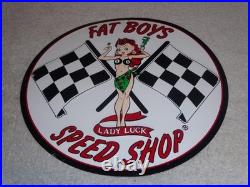 Vintage Fat Boys Speed Shop 11 3/4 Embossed Metal Gasoline Oil Racing Flag Sign