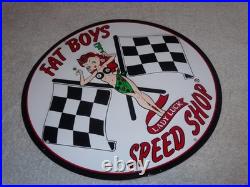 Vintage Fat Boys Speed Shop 11 3/4 Embossed Metal Gasoline Oil Racing Flag Sign