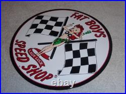 Vintage Fat Boys Speed Shop 11 3/4 Embossed Metal Gasoline Oil Racing Flag Sign