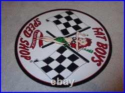 Vintage Fat Boys Speed Shop 11 3/4 Embossed Metal Gasoline Oil Racing Flag Sign