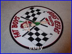 Vintage Fat Boys Speed Shop 11 3/4 Embossed Metal Gasoline Oil Racing Flag Sign