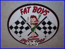Vintage Fat Boys Speed Shop 11 3/4 Embossed Metal Gasoline Oil Racing Flag Sign