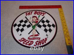 Vintage Fat Boys Speed Shop 11 3/4 Embossed Metal Gasoline Oil Racing Flag Sign